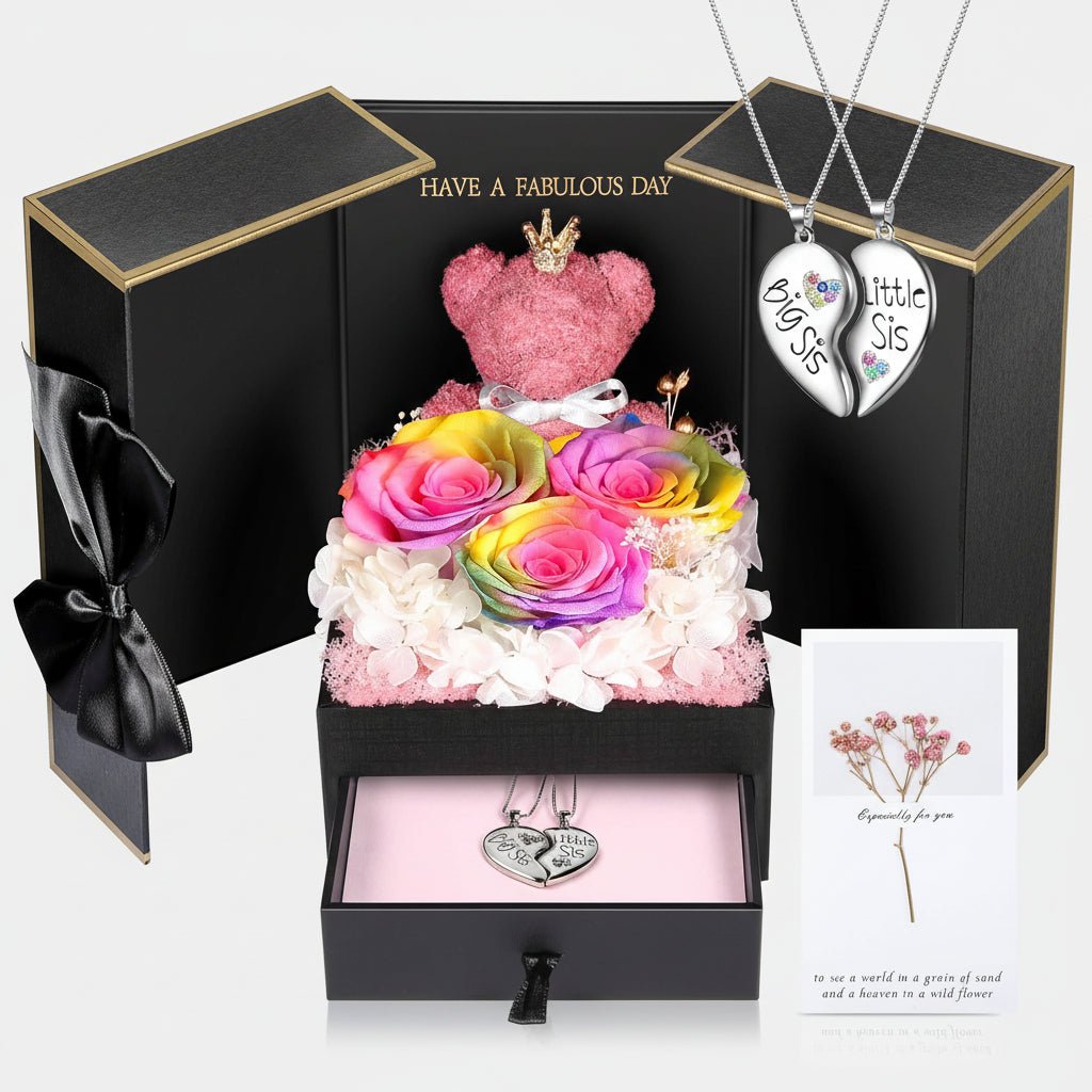 Fresh Rose Pendant Necklace with Cute Teddy Bear