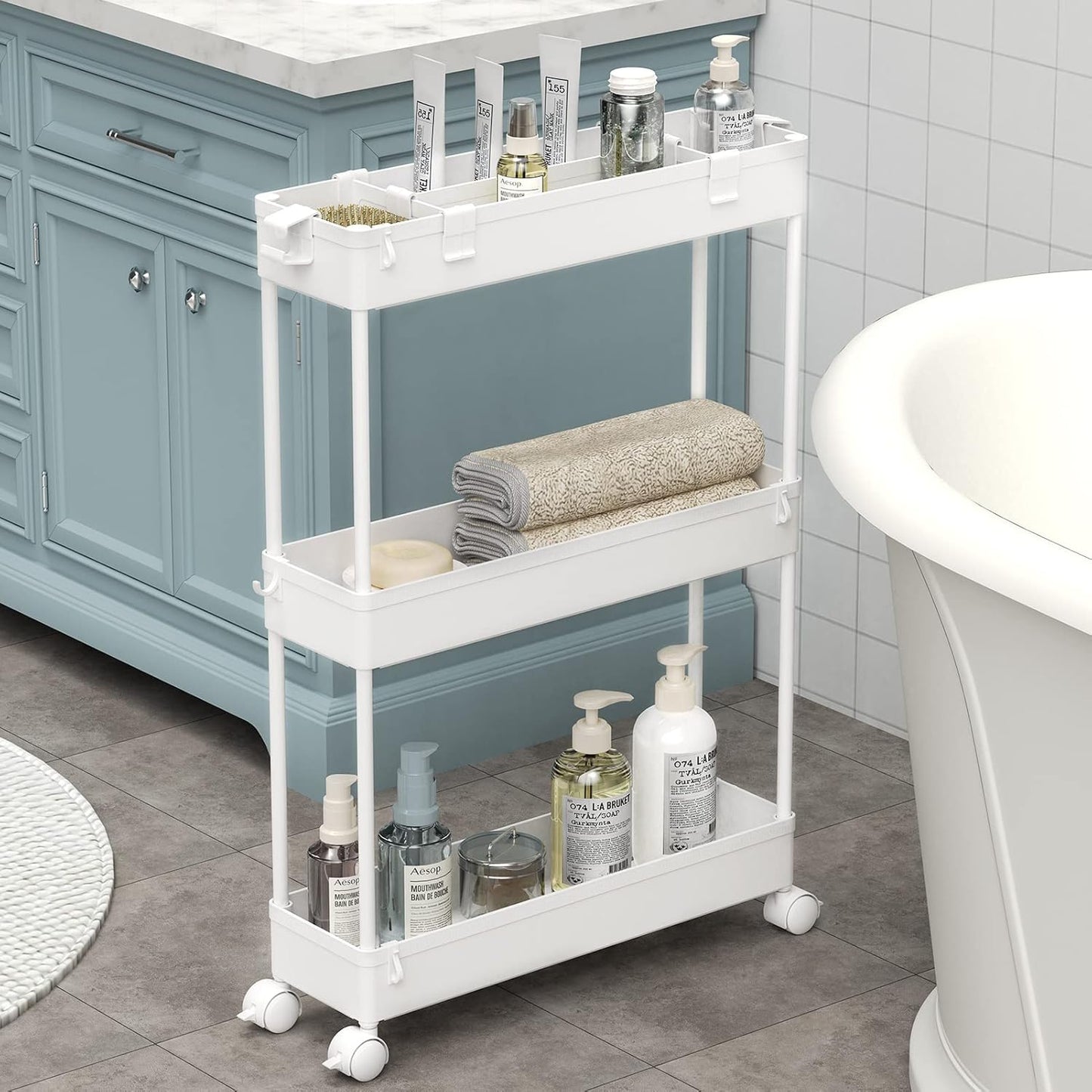 Compact 3 Shelf Mobile Storage Cart for Kitchen Bathroom