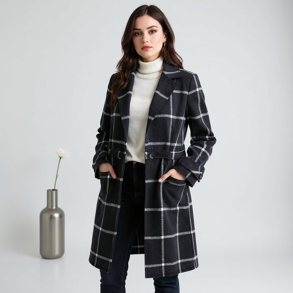 Classic Checked Wool Coat for Women All Seasons