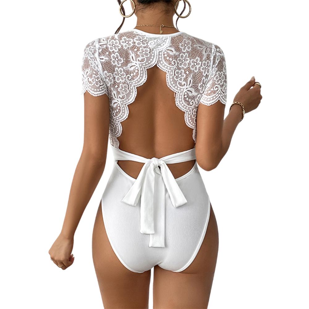 Backless Short Sleeve Lace Bodysuit Thong