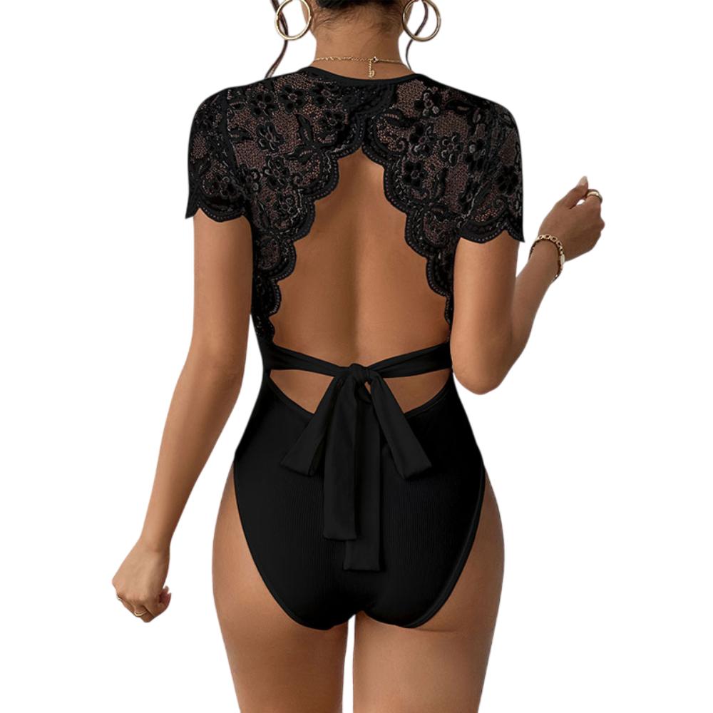 Backless Short Sleeve Lace Bodysuit Thong