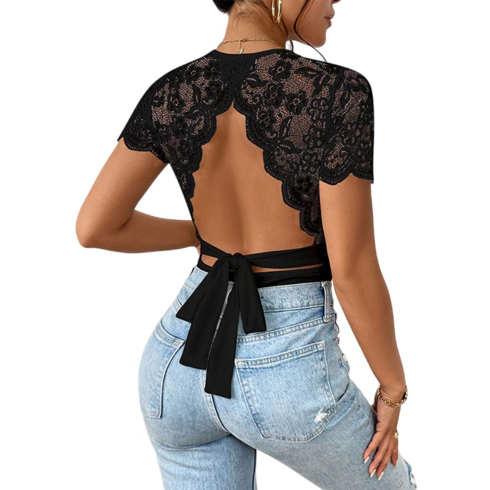 Backless Short Sleeve Lace Bodysuit Thong