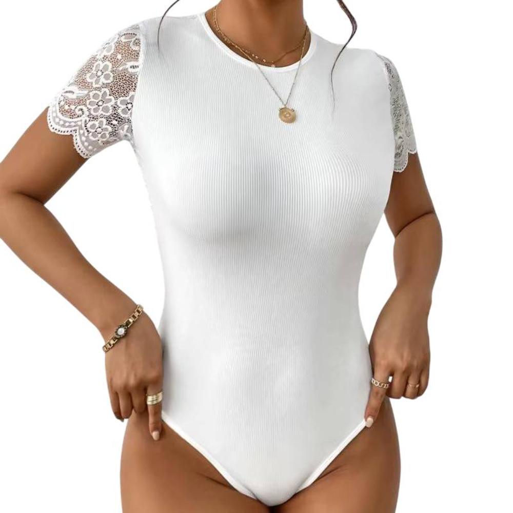 Backless Short Sleeve Lace Bodysuit Thong