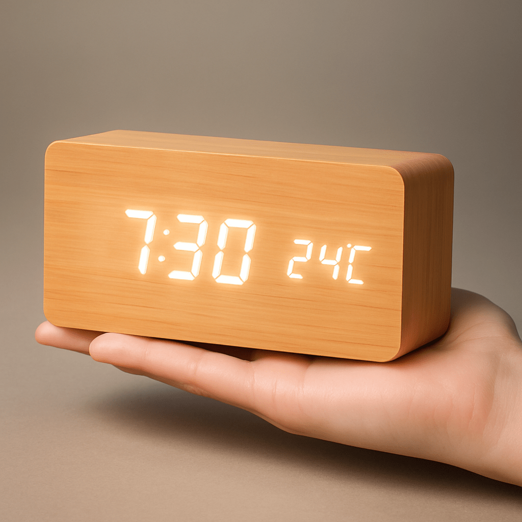 Smart Wood LED Alarm Clock with Adjustable Brightness Display