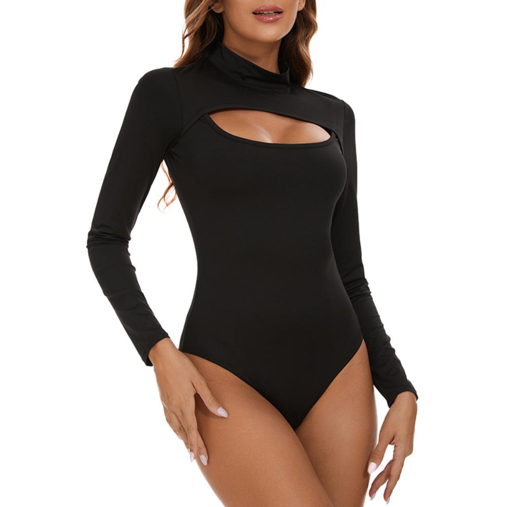 Women's Long Sleeve High Collar Cut Out Bodysuit Shapewear