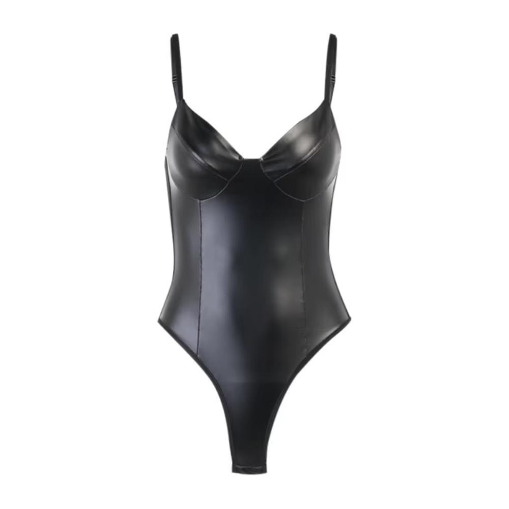 V-Neck Leather Shapewear Thong Bodysuit