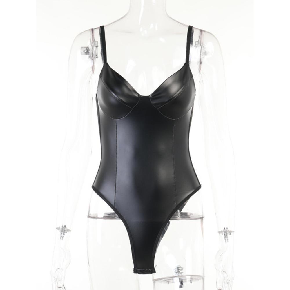 V-Neck Leather Shapewear Thong Bodysuit