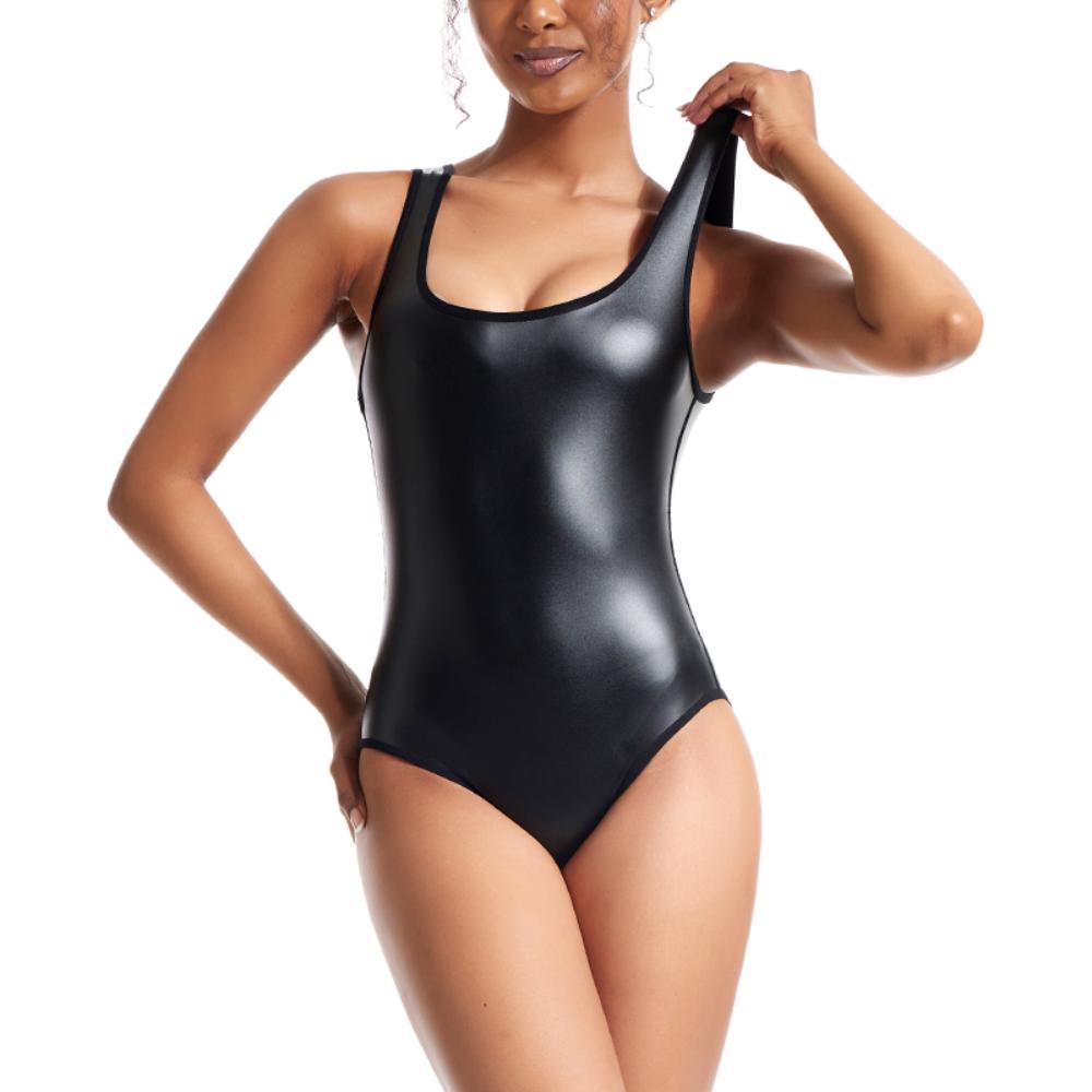 Synthetic Leather Sleeveless Slim Bodysuit