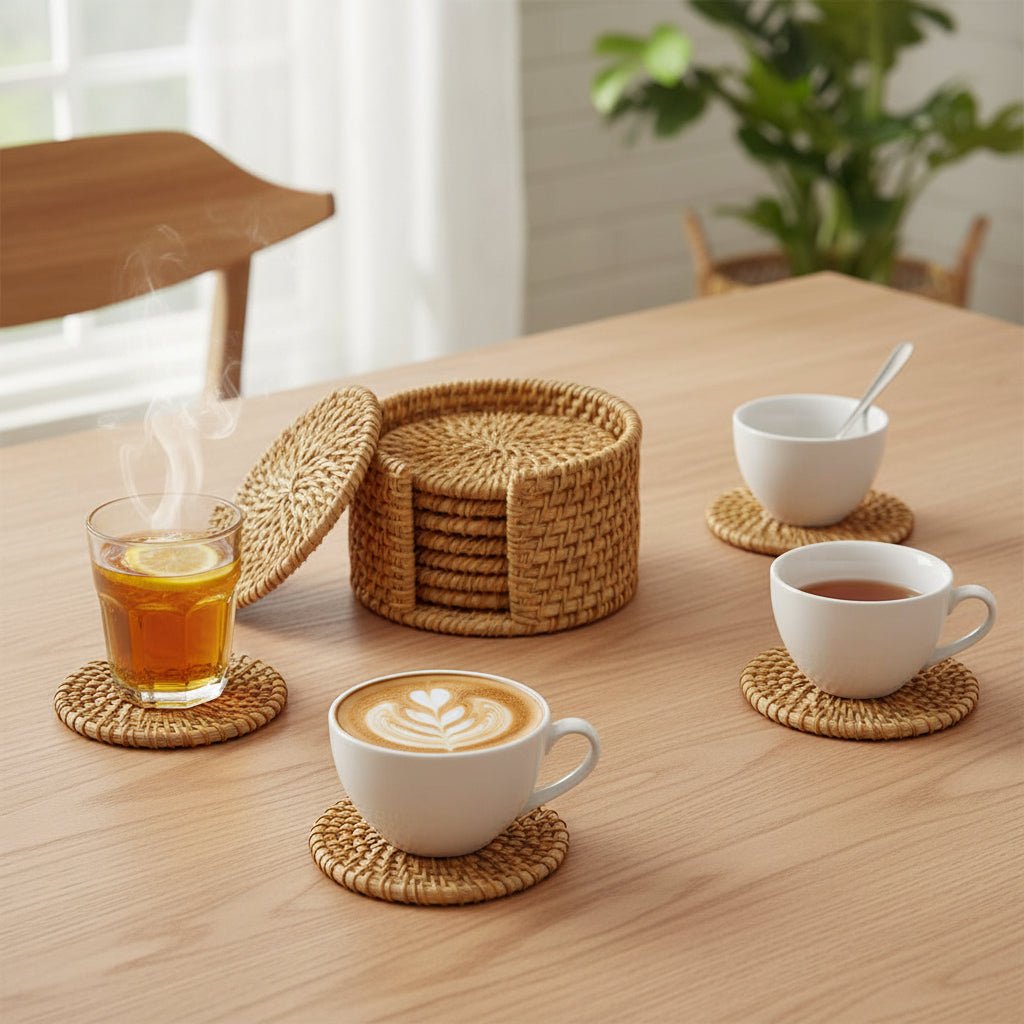Woven Rattan Coaster Set Natural Fiber Table Coasters