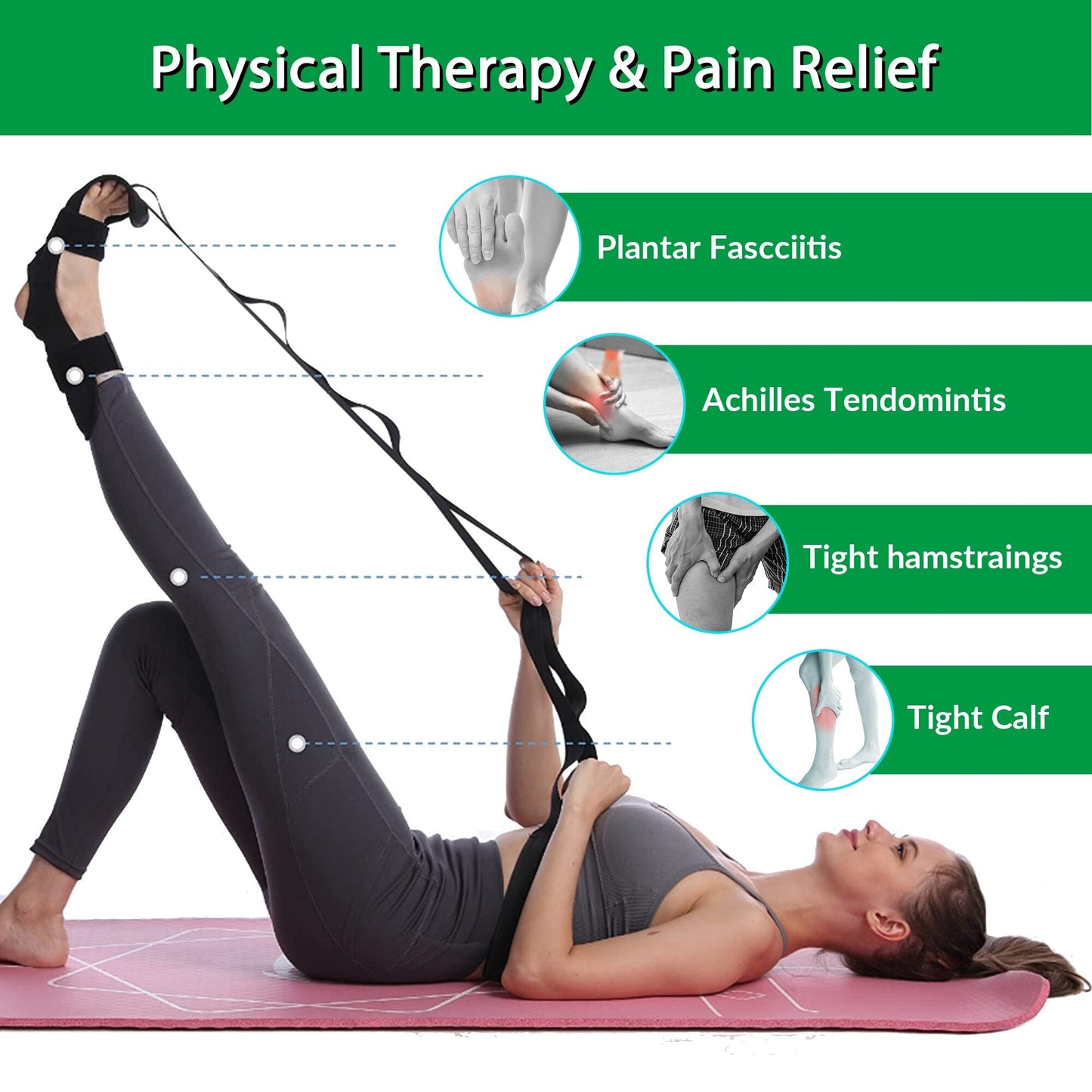 Leg and Calf Stretching Strap for Yoga with Adjustable Buckles