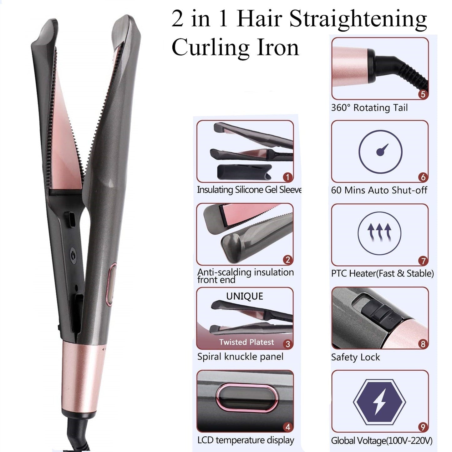 2 in 1 Hair Straightener and Curler Curved Spiral Plate Ions