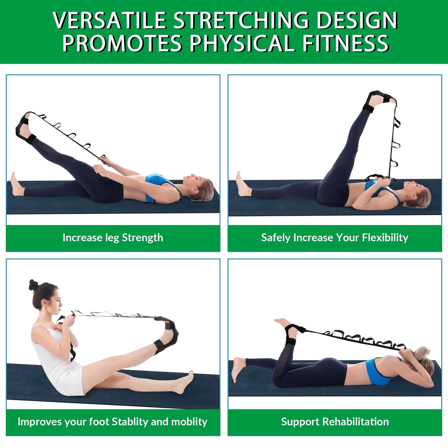 Leg and Calf Stretching Strap for Yoga with Adjustable Buckles