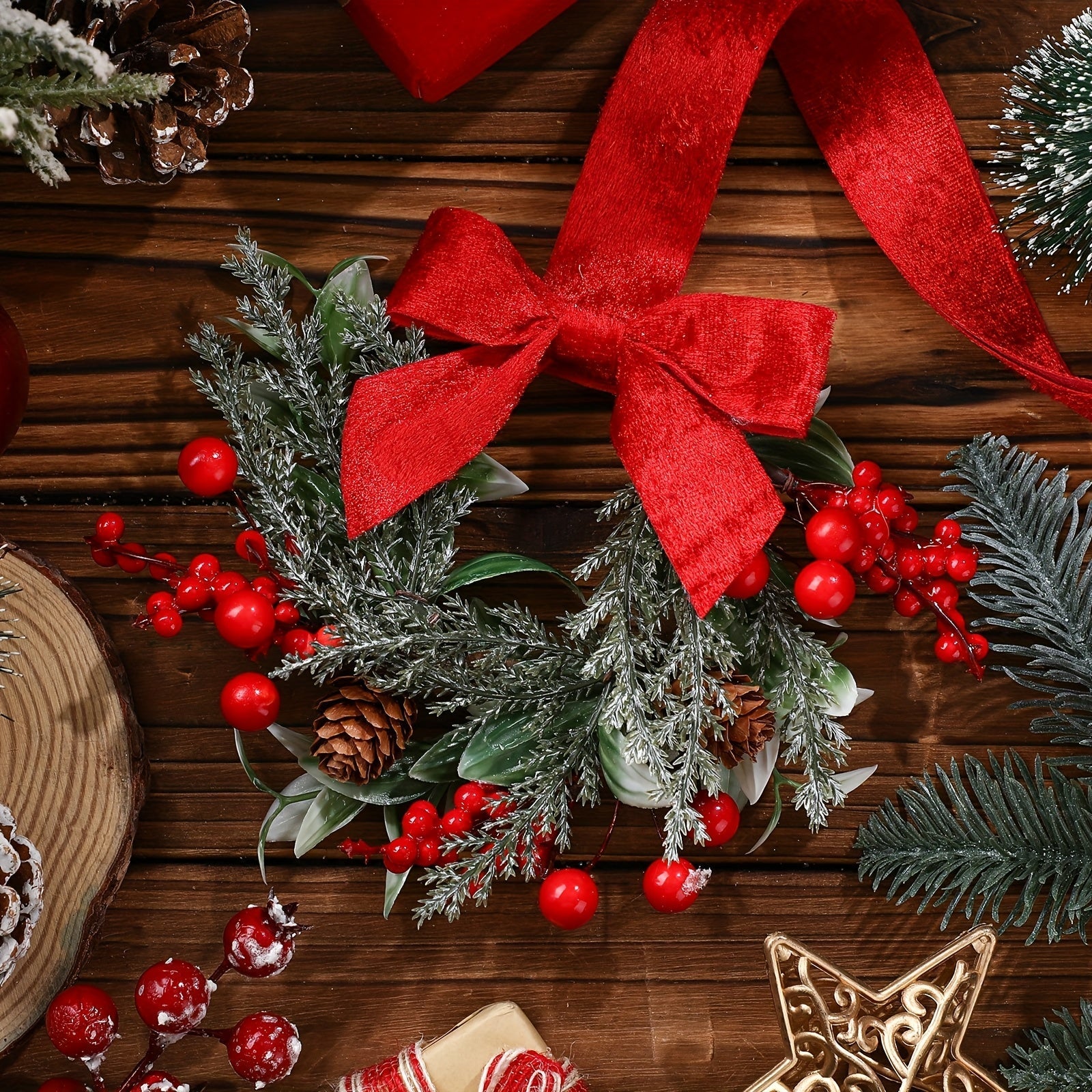 Festive Holiday Wreath Set with Red Ribbon and Pinecones - SweetyGem
