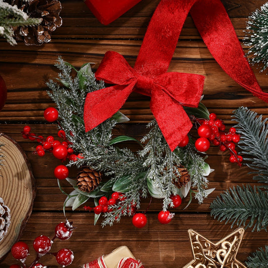 Festive Holiday Wreath Set with Red Ribbon and Pinecones - SweetyGem