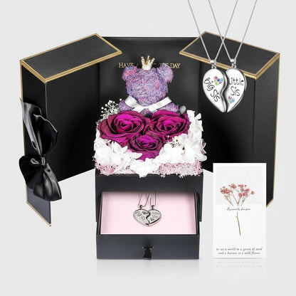 Fresh Rose Pendant Necklace with Cute Teddy Bear