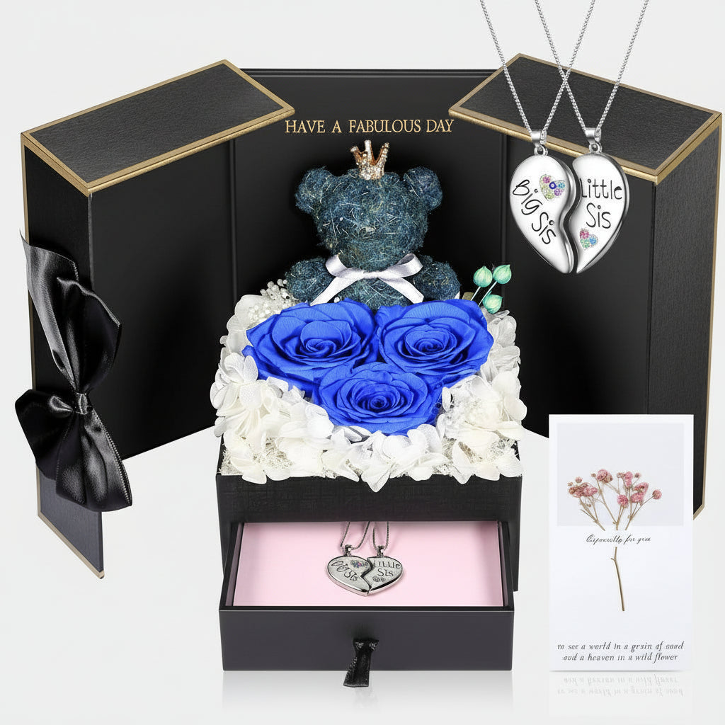 Fresh Rose Pendant Necklace with Cute Teddy Bear