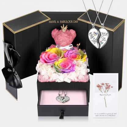 Fresh Rose Pendant Necklace with Cute Teddy Bear