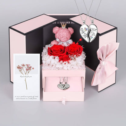 Fresh Rose Pendant Necklace with Cute Teddy Bear