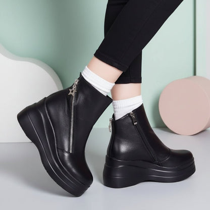 Trendy Black Chunky Heel Ankle Boots with Zipper - SweetyGem