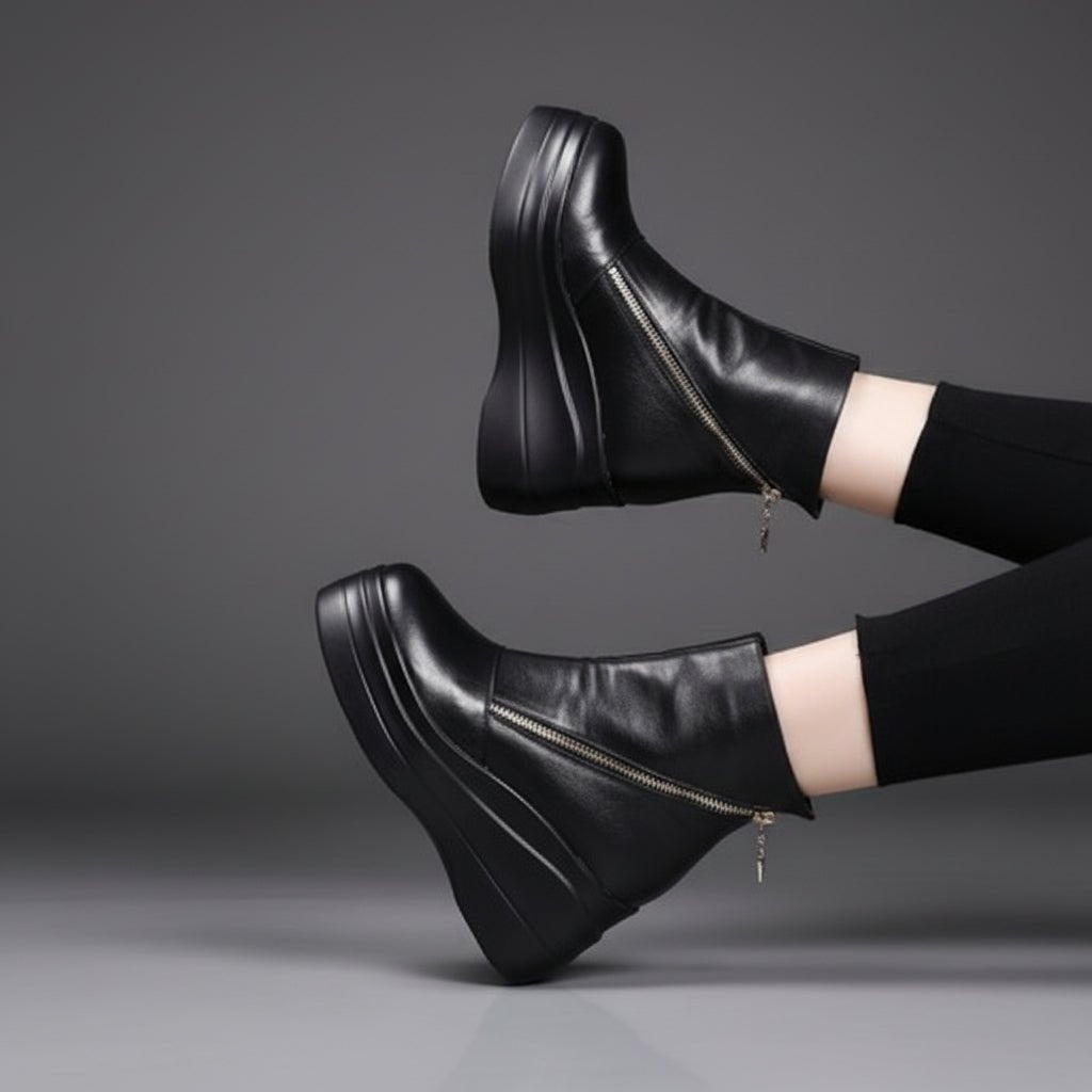 Trendy Black Chunky Heel Ankle Boots with Zipper