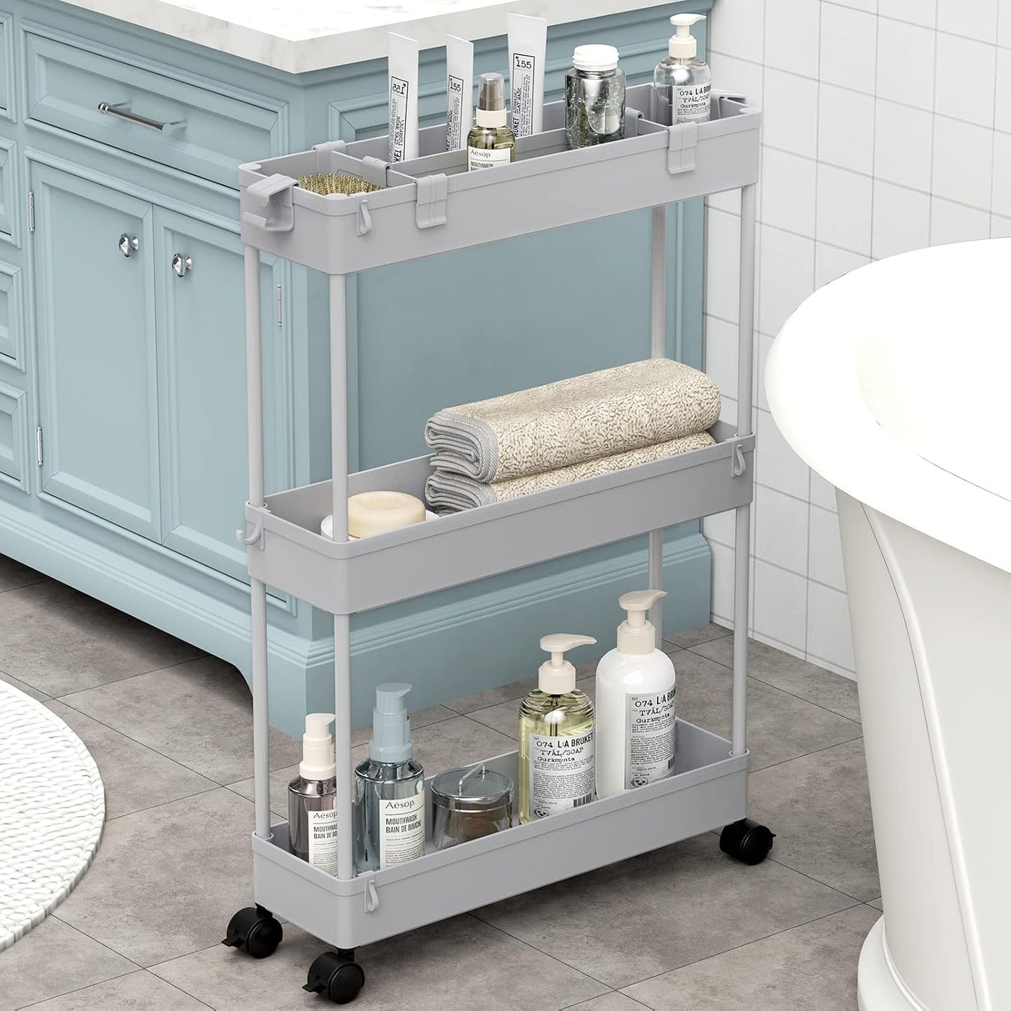 Compact 3 Shelf Mobile Storage Cart for Kitchen Bathroom