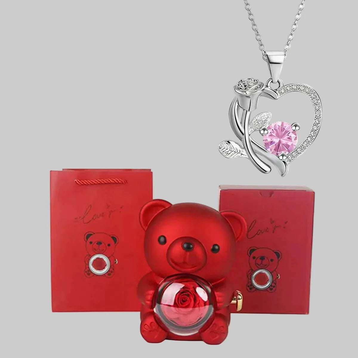 Lovely Bear Pendant Necklace Red Gemstone Gift Set