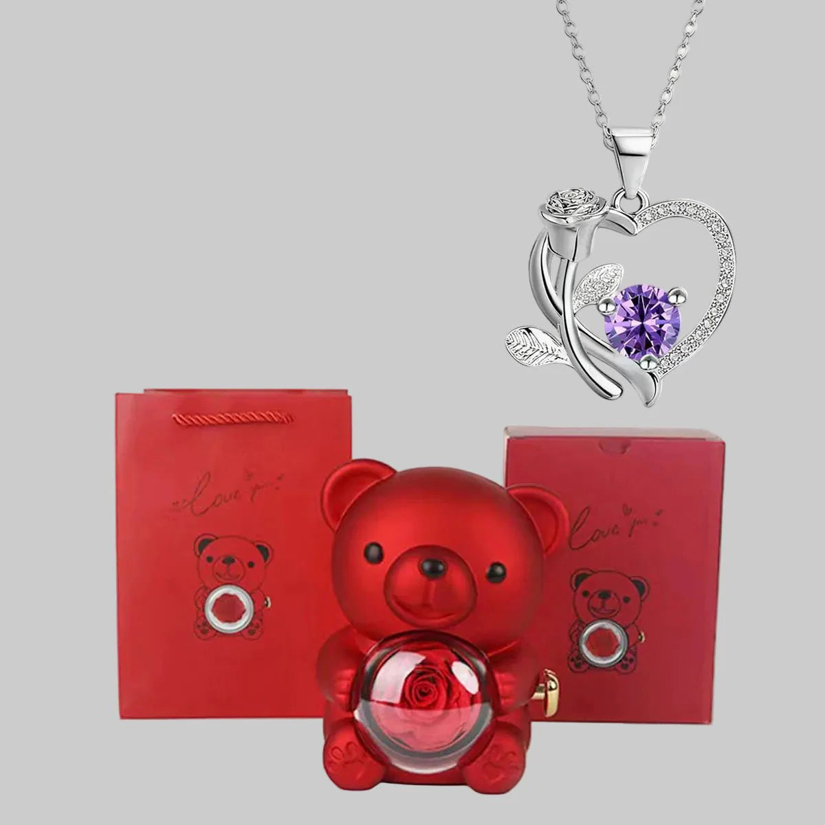 Lovely Bear Pendant Necklace Red Gemstone Gift Set
