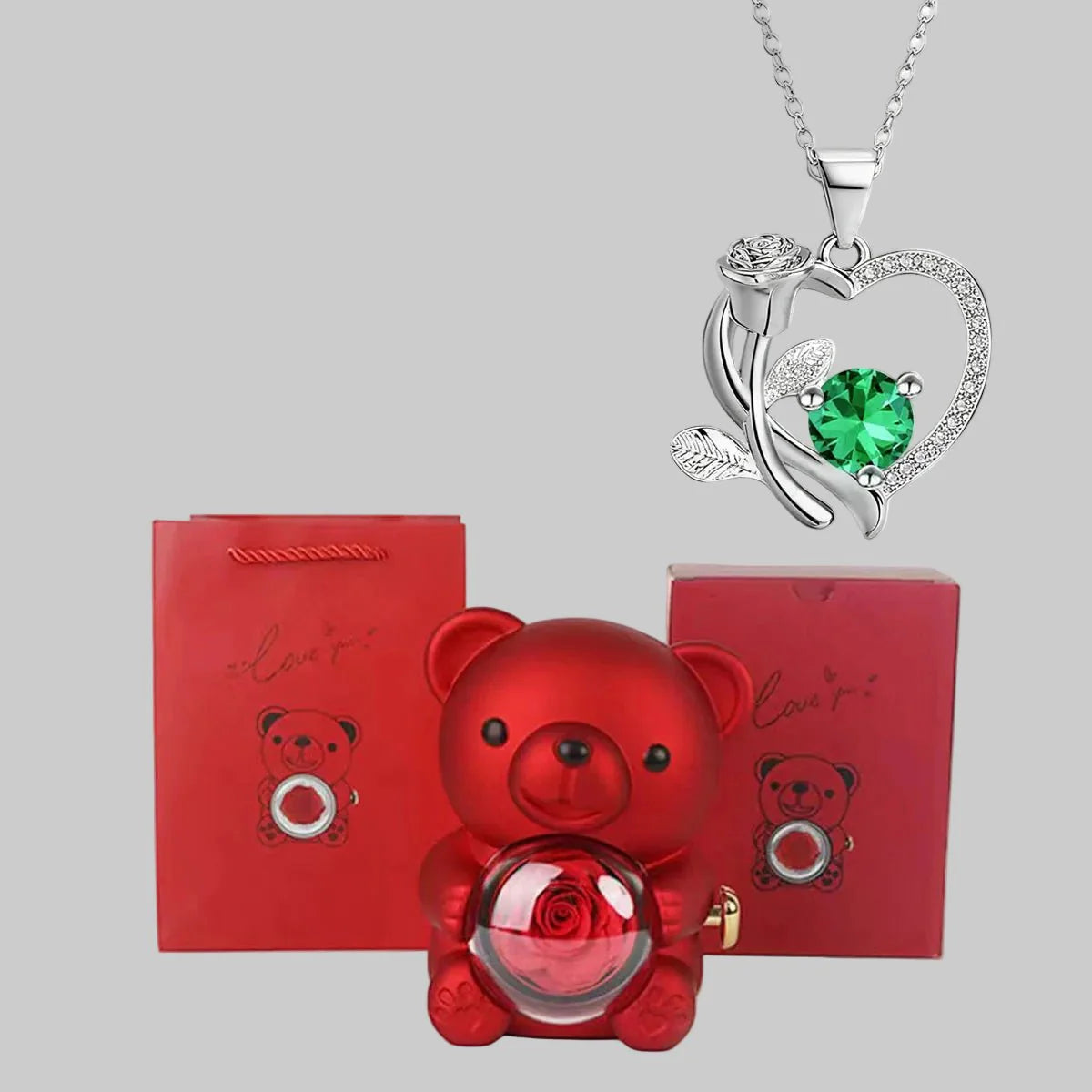 Lovely Bear Pendant Necklace Red Gemstone Gift Set