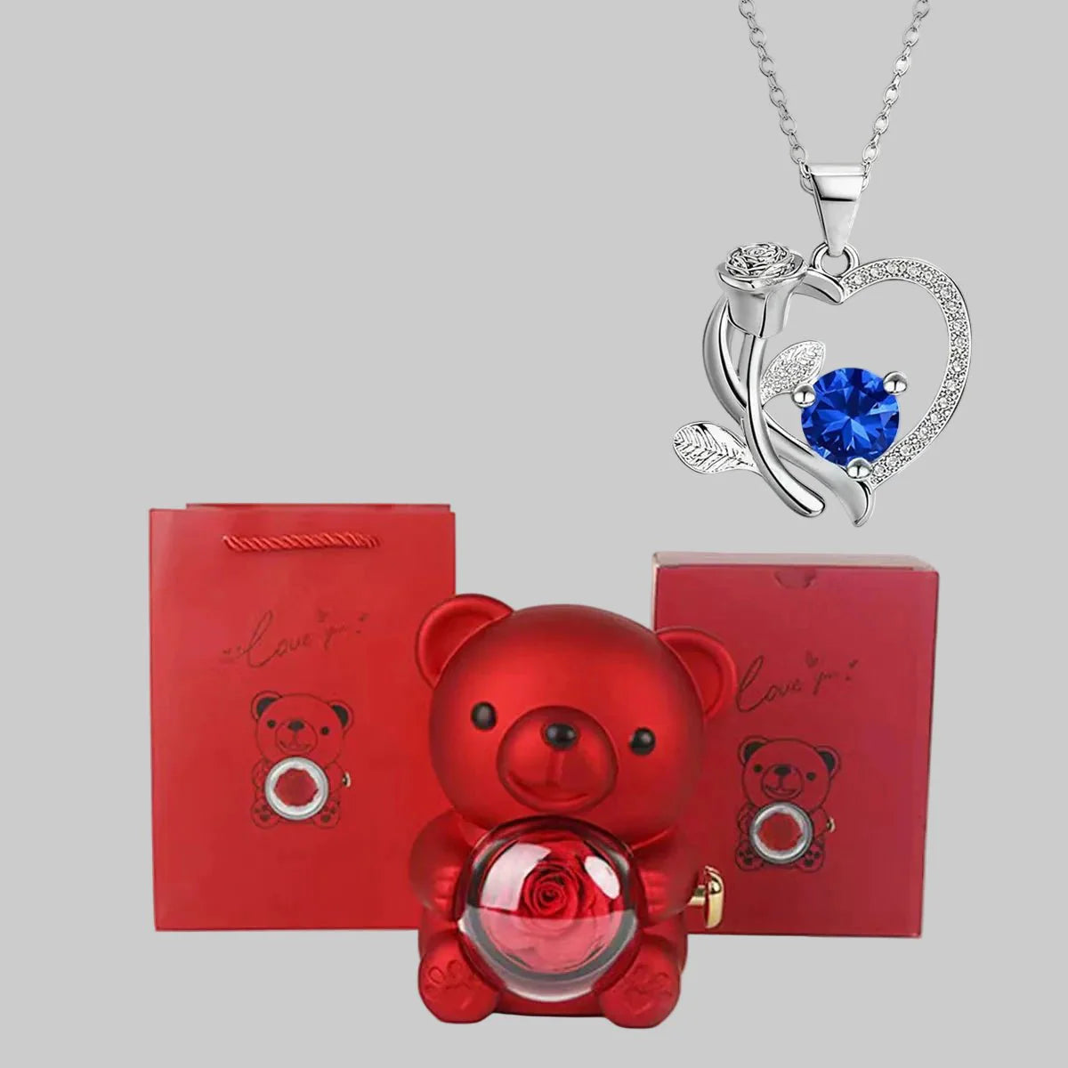 Lovely Bear Pendant Necklace Red Gemstone Gift Set