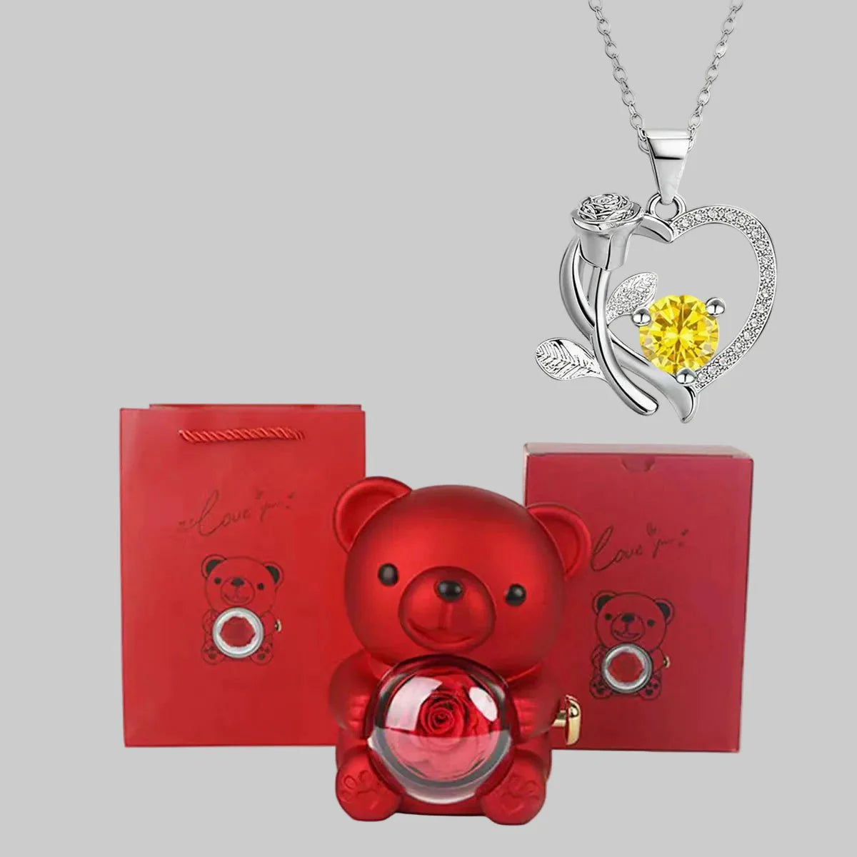 Lovely Bear Pendant Necklace Red Gemstone Gift Set
