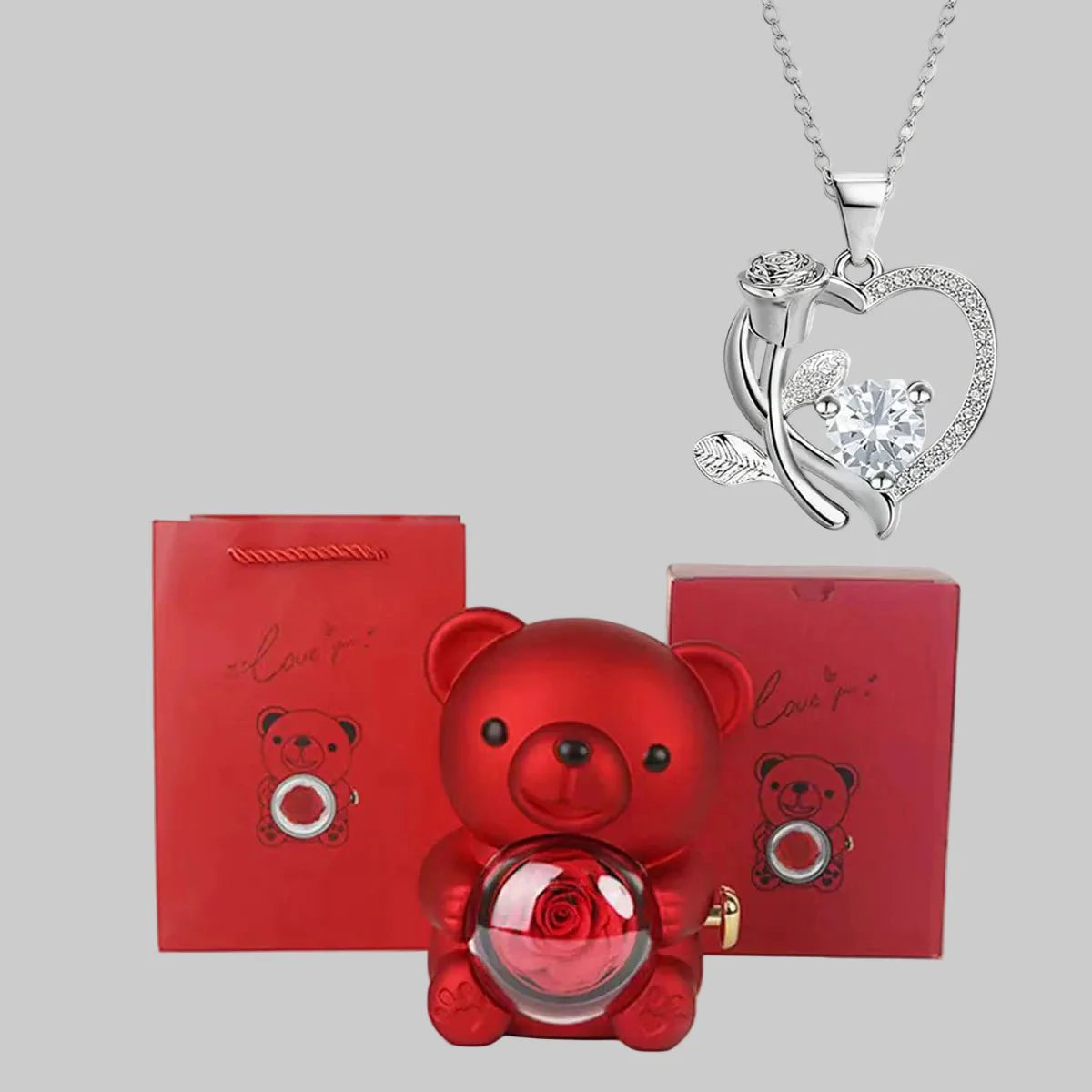 Lovely Bear Pendant Necklace Red Gemstone Gift Set