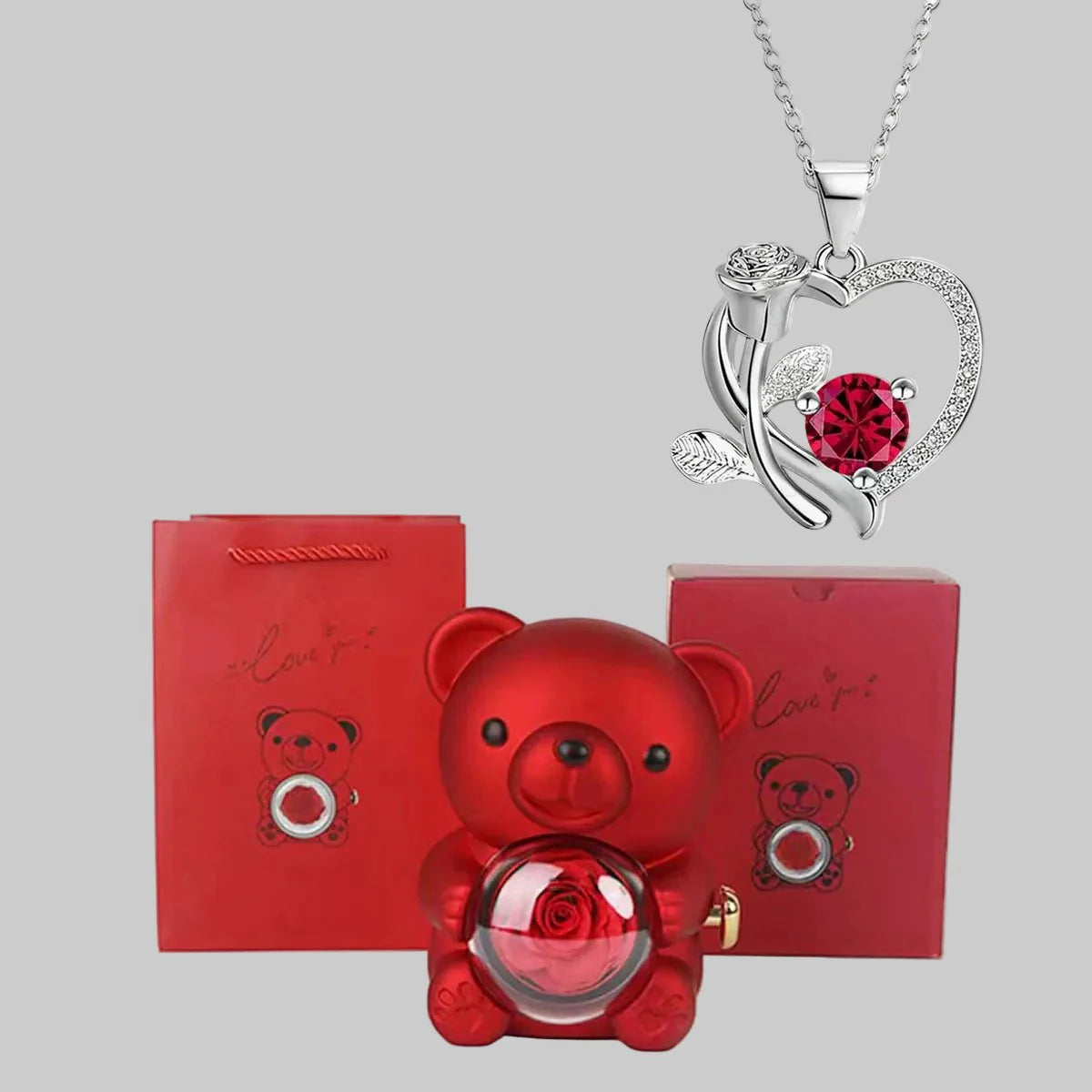 Lovely Bear Pendant Necklace Red Gemstone Gift Set