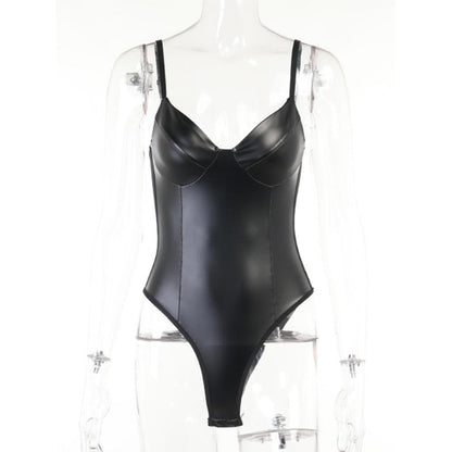 V-Neck Leather Shapewear Thong Bodysuit