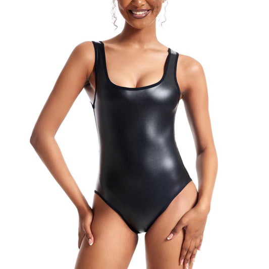 Synthetic Leather Sleeveless Slim Bodysuit