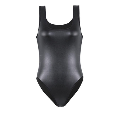 Synthetic Leather Sleeveless Slim Bodysuit
