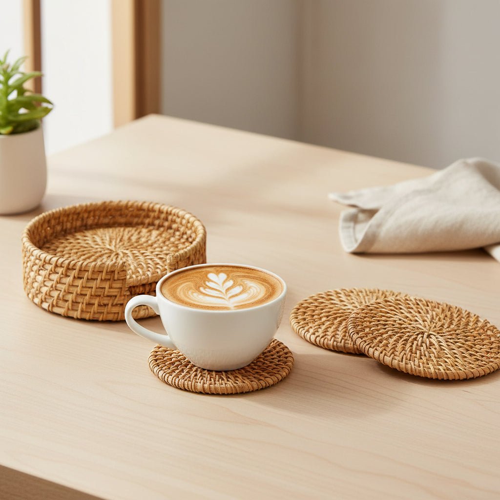 Woven Rattan Coaster Set Natural Fiber Table Coasters - SweetyGem
