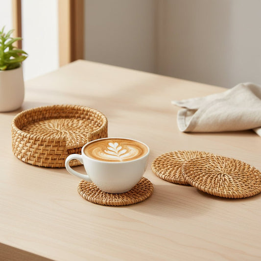 Woven Rattan Coaster Set Natural Fiber Table Coasters - SweetyGem
