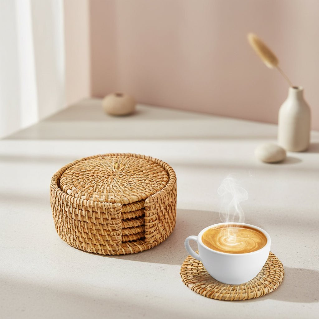 Woven Rattan Coaster Set Natural Fiber Table Coasters