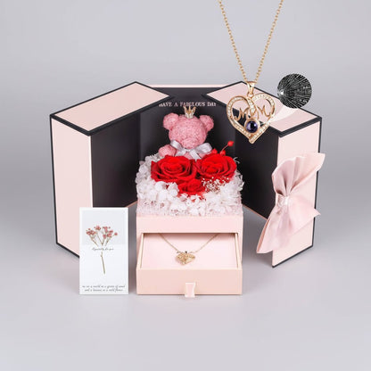 Fresh Rose Pendant Necklace with Cute Teddy Bear - SweetyGem
