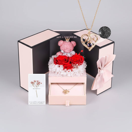 Fresh Rose Pendant Necklace with Cute Teddy Bear - SweetyGem