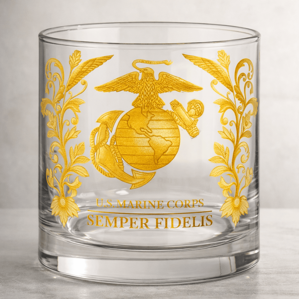 Patriotic Engraved Whiskey Glass Military Logo