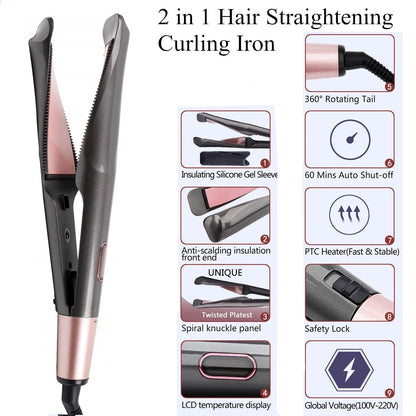 2 in 1 Hair Straightener and Curler Curved Spiral Plate Ions